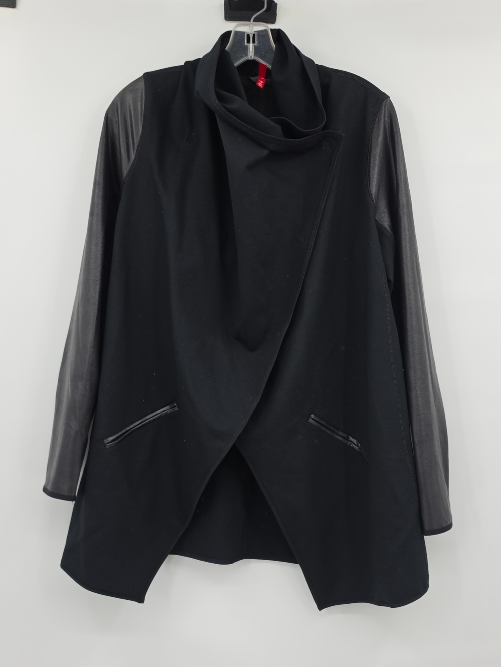 SPANX Black Draped Jacket with Faux Leather Sleeves Size L